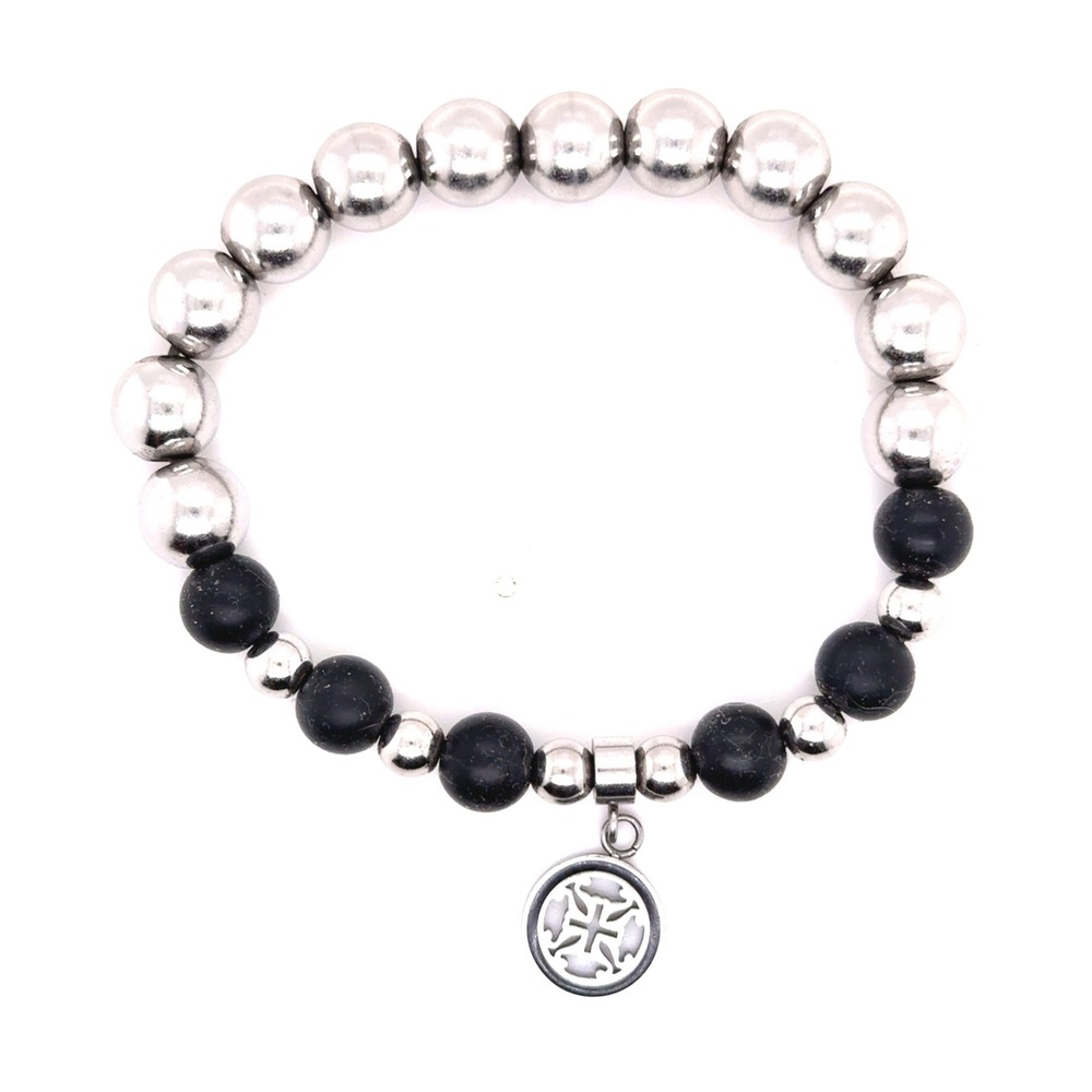 Rustic Cuff Silver Tone and Matte Black Beaded Stretch Bracelet with Logo Charm